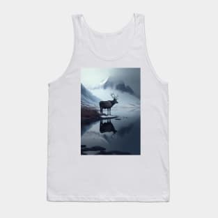 Nordic Winter Reflection Reindeer in a Mountain Valley Art Print Tank Top